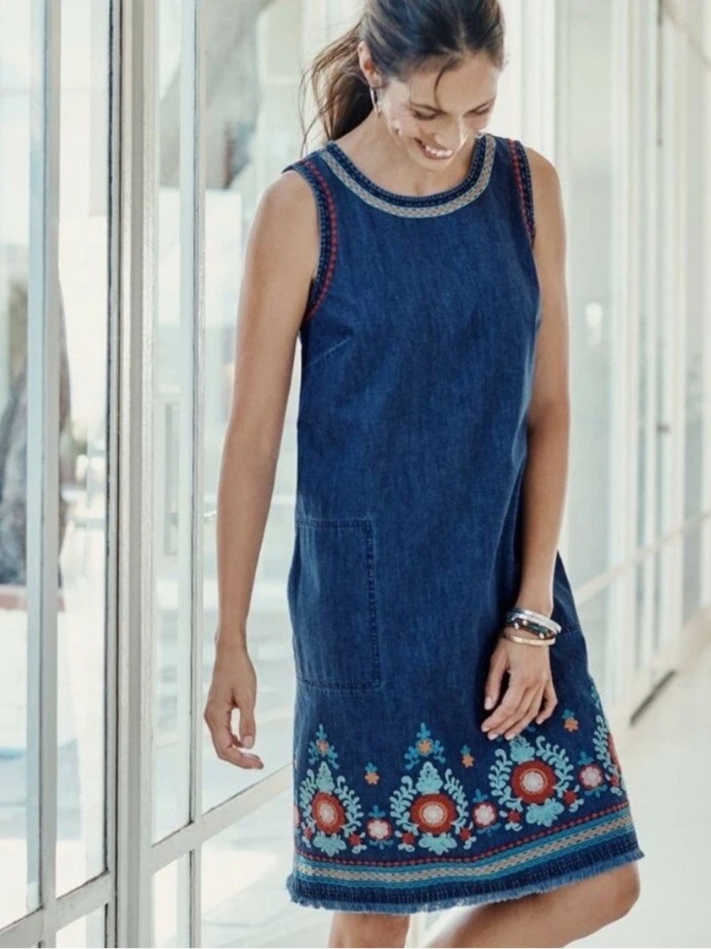 J. Jill Luxurious Embroidered Malibu Denim Dress XL Petite Boho Pockets Cruise